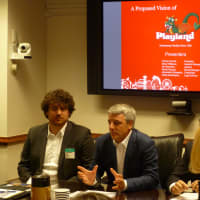 <p>Valerio Ferrari (center) talks about Central Amusements International&#x27;s plan for Playland. </p>