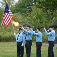 <p>Pound Ridge firefighters perform a fusillade at the town&#x27;s 9/11 memorial service.</p>