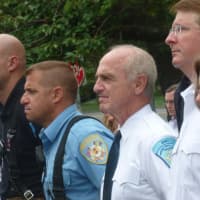 <p>Attendees at the New Canaan 9/11 memorial ceremony in front of the police station.</p>