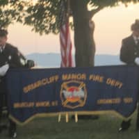 <p>Members of the Briarcliff Fire Department at a Sept. 11 ceremony.</p>