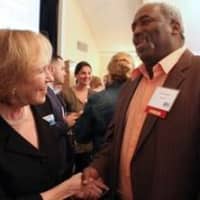 <p> Alana Sweeny, president and CEO, United Way of Westchester and Putnam, greets Larry Coleman, senior safety/materials supervisor, AkzoNobel, at United Ways Best Chefs and Fine Wines event.</p>