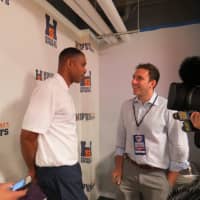 <p>Westchester Knicks General Manager Allan Houston addressing the media before the tryout.</p>