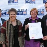 <p>Left to right are Stuart Adelberg United Way President, Virginia Meyer, United Way Chair, Brook Urban, Campaign co-chair; and First Selectman Peter Tesei.</p>