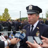 <p>Patrick Lynch, PBA President, addresses reports following the funeral of NYPD officer Michael Williams in LaGrangeville.</p>