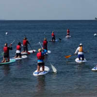 <p>Members of the Royle Moms paddleboard just off the coast.</p>