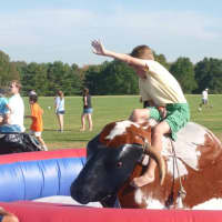 <p>A brave youngster rides the mechanical bull at Go Wild! Sunday in Greenwich.</p>