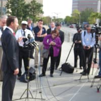 <p>Republican Rob Astorino talks to news reporters outside the U.S. District Court in White Plains today.</p>