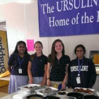 <p>From left, Alice Varghese, Alexa DiIorio, Brittany Sedlak, and Jasmine Rodrigo of the Room to Read Club in The Ursuline School helped at a bake sale to raise funds for the school library in Sri Lanka.</p>
