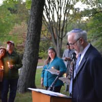 <p>Rabbi David Katz from Congregation B&#x27;nai Yisrael speaks at Miles Applebaum&#x27;s vigil in Armonk.</p>