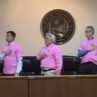 <p>The Tuckahoe Board of Trustees sported their own pink shirts, provided by the DPW. </p>
