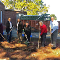 <p>(L to R) Developers and Tarrytown Board of Trustee members break ground at the site of the new pool and recreation facility on Oct. 10</p>