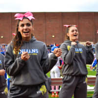 <p>Mahopac cheerleaders chant their support for the Indians.</p>