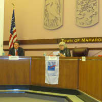 <p>Republican Joe Dillon, left, and state Sen. George Latimer, D-Rye, during last week&#x27;s League of Women Voters forum in Mamaroneck.</p>