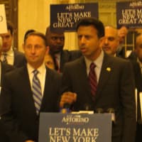 <p>Astorino and Jindal were flanked by about two dozen supporters at Grand Central Station.</p>