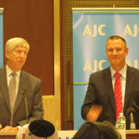 <p>Erel Margalit, right, and Martin Rogowsky, president of the Jewish Community Center of Harrison.</p>