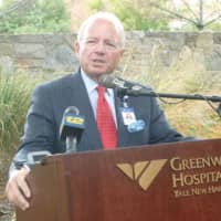 <p>Greenwich Hospital President and CEO Frank Corvino speaks during a noontime ceremony Tuesday where he was honored for his 26 years of service to Greenwich Hospital. He is retiring at the end of the year.</p>