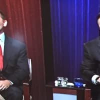 <p>Rob Astorino, left, and Gov. Andrew Cuomo just as Wednesday&#x27;s debate came to an end.</p>