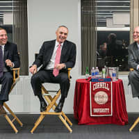 <p>Rob Manfred, center, of Tarrytown, with NHL Commissioner Gary Bettman, left, and Cornell ILR Dean Harry Katz in December 2013. Manfred and Bettman are both graduates of Cornell&#x27;s ILR school.</p>
