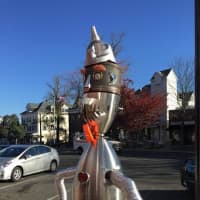 <p>A &#x27;scarecrow&#x27; Tin Man is in front of Ridgefield Hardware Store.</p>