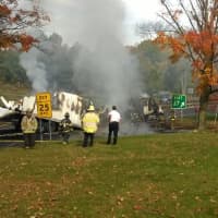 <p>The Greenwich Fire Department is putting out the truck fire on the Merritt Parkway.</p>