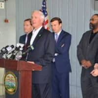 <p>Mayor Bill Finch calls for immediate safety improvements on Metro-North during a press conference at the Bridgeport train station. </p>