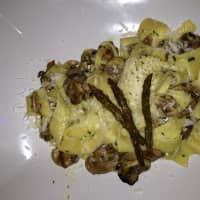<p>Pappardelle, mushrooms, asparagus and black truffles at Trattoria &#x27;A Vucchella.

</p>