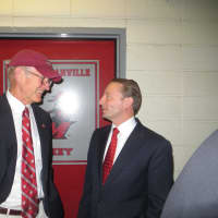 <p>Outside Playland&#x27;s locker room, Manhattanville College President Jon Strauss, left, told County Executive Rob Astorino, &quot;We owe a great debt of gratitude (to you) and all the folks who made our return possible.&quot;</p>