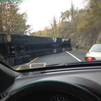 <p>A look at the tractor trailer that overturned on the southbound I-684 exit for Route 172 on Thursday.</p>