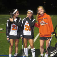 <p>The Seid twins each scored a pair of goals Thursday. Ellie and Karen hang here with Heather Gardiner.</p>