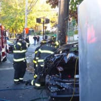 <p>Six people are injured in a crash in South Norwalk Sunday when a box truck rolled over and a car was pinned against a pole. </p>