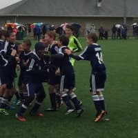 <p>Wilton players celebrate after beating Westport, 3-2. </p>