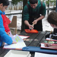 <p>Students work together on the rainy day to analyze data. </p>