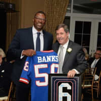 <p>Former NFL linebacker Carl Banks, of New Jersey with White Plains Hospital President Jon B. Schandler, of Chappaqua.</p>