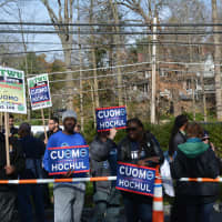 <p>Pro-Cuomo demonstrators stationed in front of the governor&#x27;s polling place in New Castle.</p>