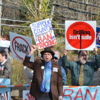 <p>Anti-fracking demonstrators stationed in front of Cuomo&#x27;s polling place in New Castle.</p>