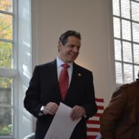 <p>Gov. Andrew Cuomo arrives at his polling place in New Castle.</p>