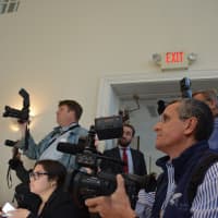 <p>Gov. Andrew Cuomo&#x27;s voting in New Castle was heavily attended by members of the press, who are pictured.</p>