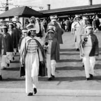 <p>Pat Parlette leads the Darien Marching Band in the  1943 Memorial Day parade.</p>