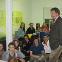 <p>State Sen. George Latimer talks to a government and politics class from Mamaroneck High School last week. </p>