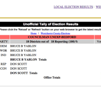 <p>A screen shot of what appears to be a data error on the Westchester County Board of Elections website. It shows Don Scott with just 16 votes and none for Bruce Yablon.</p>
