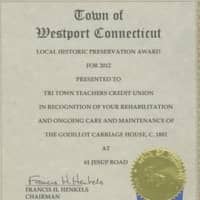 <p>A Westport Historic Districtrict Commission Award, given to the Tri-Town Teachers Credit Union in 2012. The 2014 winners were announced in a ceremony last month. </p>