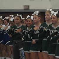 <p>Yorktown High School cheerleaders at a cheerleading meet at Hendrick Hudson.</p>