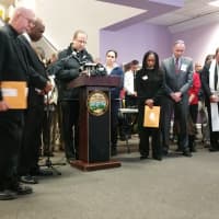 <p>Members of Congregations Organized for a New Connecticut join together in an interfaith prayer to conclude their press conference, before traveling to one of seven US gun manufacturers, to submit a request for information.</p>
