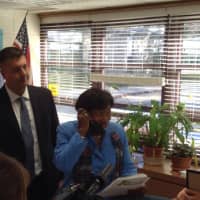 <p>State Sen. Andrea Stewart-Cousins making an announcement to students celebrating New Rochelle native Jake Gallins, 12. </p>