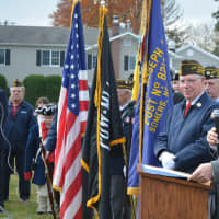 <p>Westchester County Legislator Michael Kaplowitz speaks at the Somers Veterans Day ceremony.</p>