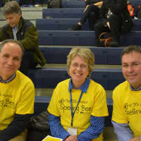 <p>Chappaqua Schools Superintendent Lyn McKay (center) with Assistant Superintendents Andrew Selesnick (left) and Eric Bryne (right) at the spelling bee.</p>