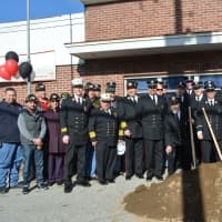 <p>Firefighters pose for photos at the Croton Falls firehouse groundbreaking.</p>