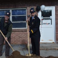 <p>David Principe (left), whose family owned the garage property being used for the new Croton Falls firehouse, shovels dirt at the groundbreaking. Board of Fire Commissioners Chairman Angelo D&#x27;Agostino is to his right.</p>