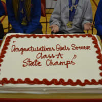 <p>A cake was served in honor of the Somers High School varsity girls soccer team&#x27;s state championship victory.</p>