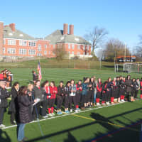 <p>Mamaroneck&#x27;s State Championship field hockey team lines up with Coach John Savage at the left for Tuesday&#x27;s recognition.</p>